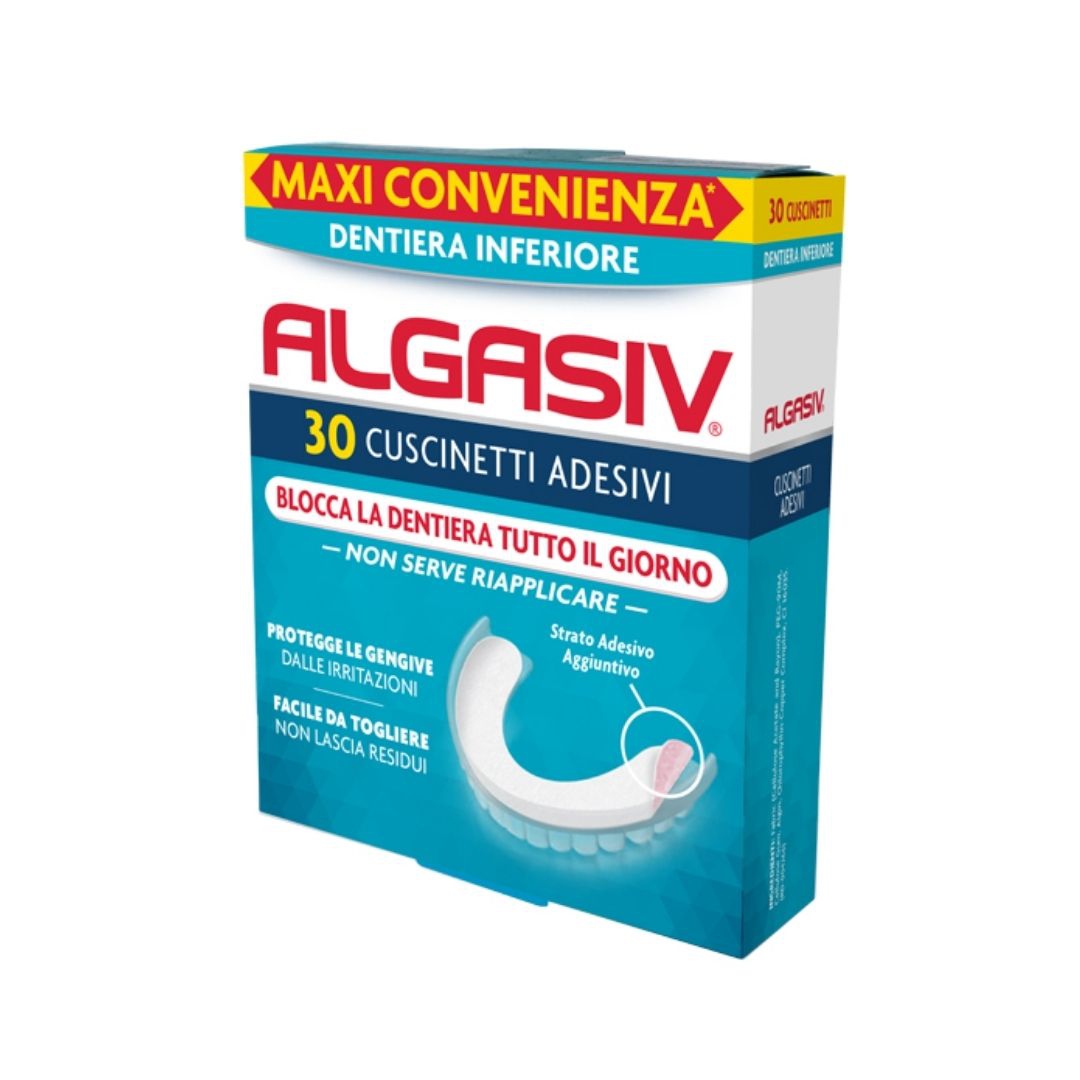 Algasiv Adesivo per Protesi Dentaria Inferiore 30 Cuscinetti Adesivi