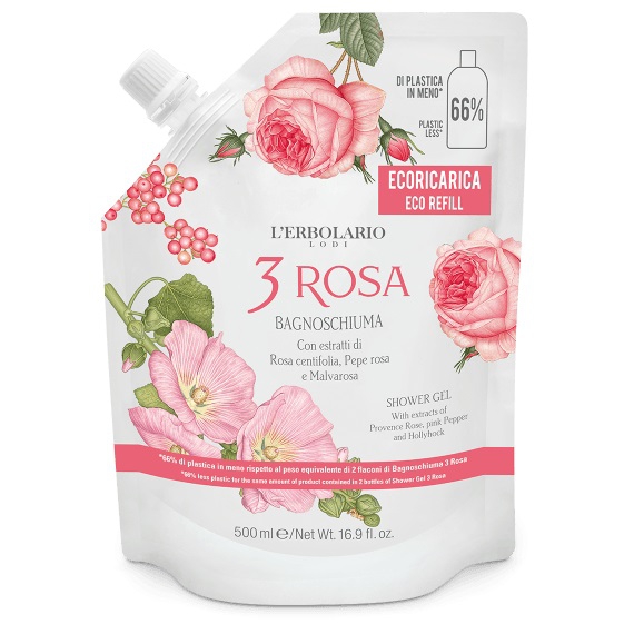 L'erbolario 3 Rosa Bagnoschiuma Addolcente Protettivo Ricarica da 500 ml