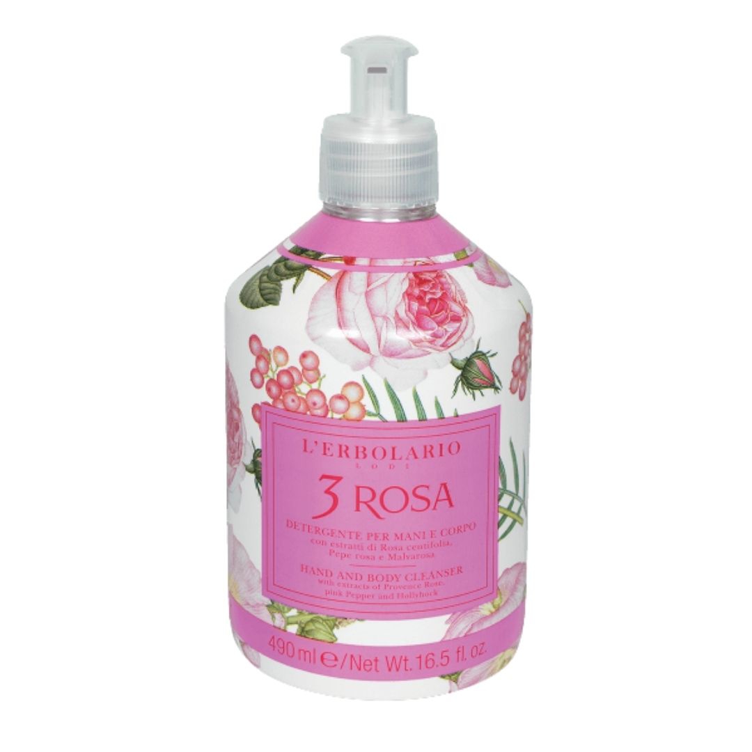 L'erbolario 3 Rosa Foglie Detergente Profumato per Mani e Corpo 490 ml