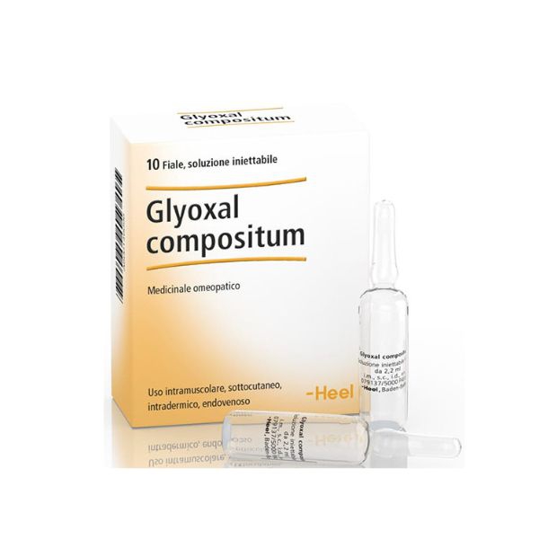  Integratore Glyoxal Comp Heel, confezione da 10 fiale, utilizzato per il supporto del sistema immunitario e la disintossicazione dell organismo.