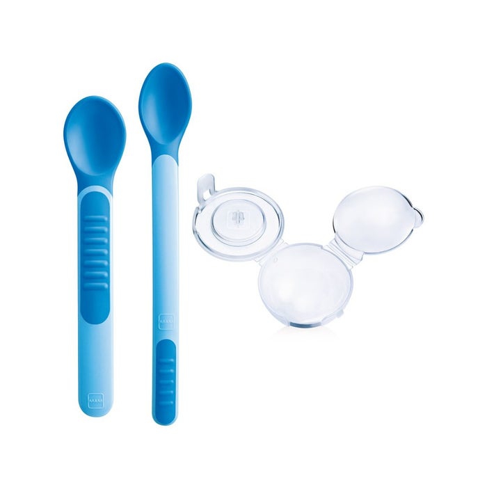 Mam Heat Sensitive Spoons e Cover Set Cucchiai Azzurri Per Bambini 6 Mesi 