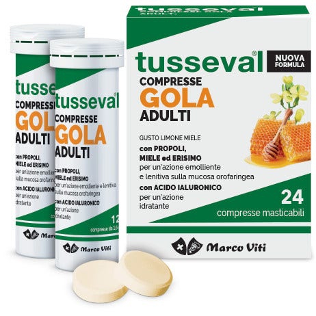 Tusseval Gola Adulti Mal di Gola 24 Compresse Masticabili Limone e Miele