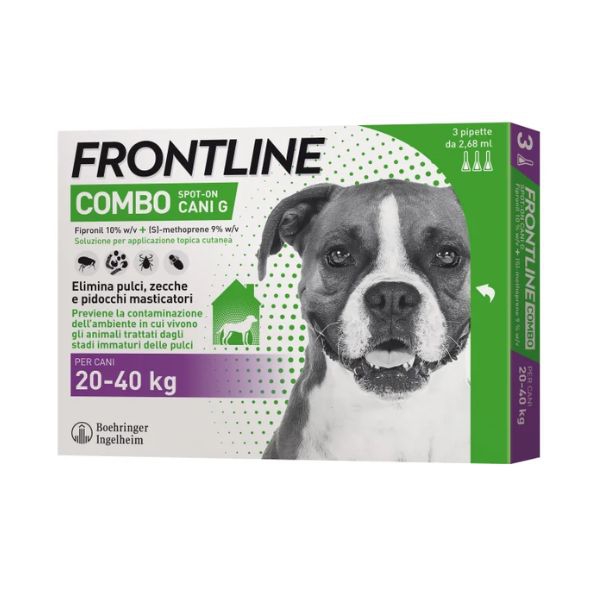  Pipette Frontline Combo, specifiche per cani di peso compreso tra 20 e 40 kg, efficaci contro parassiti, confezione da 3 pipette