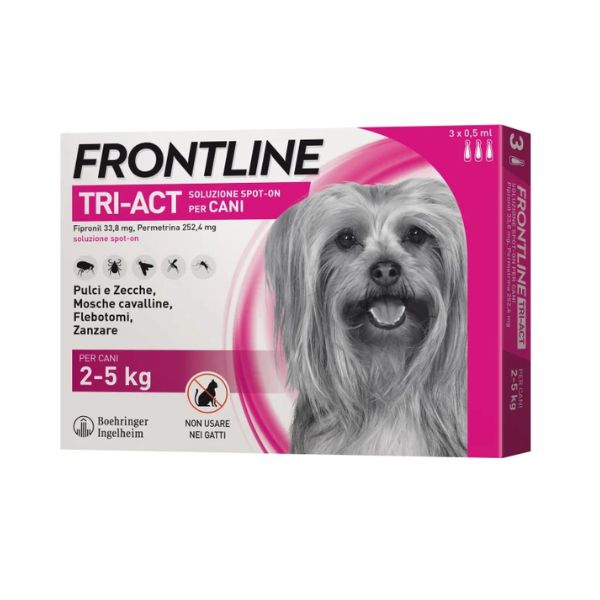  Pipette Frontline Tri-Act, specifiche per cani di peso compreso tra 2 e 5 kg, efficaci contro parassiti, confezione da 3 pipette