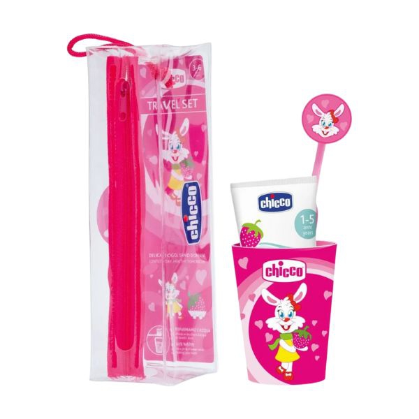 Chicco Set Igiene Orale Rosa 36Mesi+ Pochette Bicchiere Spazzolino Dentifricio