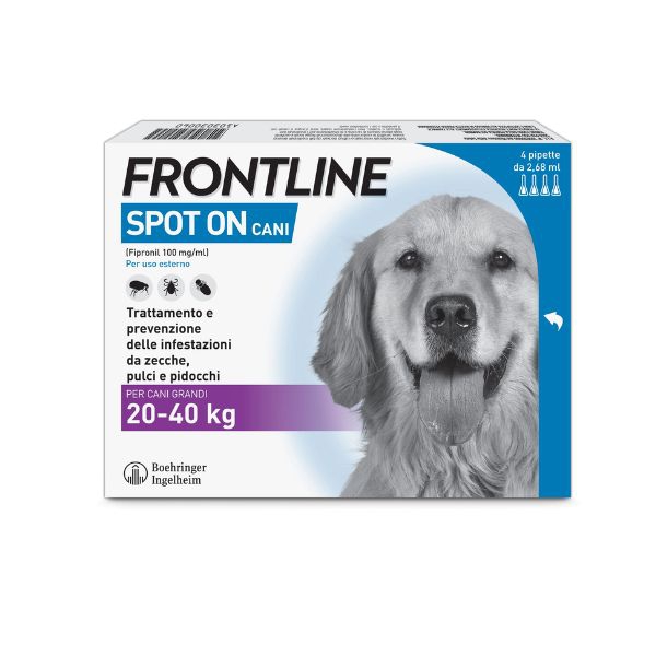  Antiparassitario Frontline, confezione da 4 pipette, per cani di taglia medio-grande, 20-40 kg.