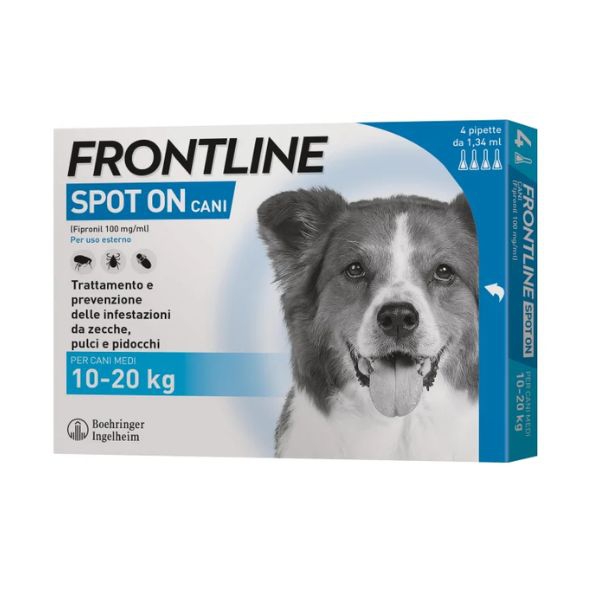  Antiparassitario Frontline, confezione da 4 pipette, protegge i cani da 10 a 20kg da pulci e zecche.