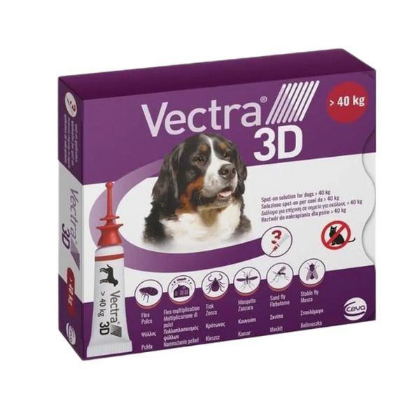  Antiparassitario Spot-On Vectra 3D per cani di taglia grande (oltre 40 kg), confezione da 3 fiale rosse per protezione da parassiti