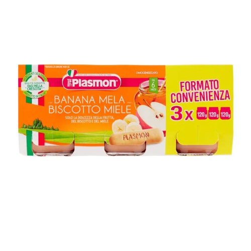 Plasmon Omogeneizzato Banana Mela Biscotto Miele 3x120g